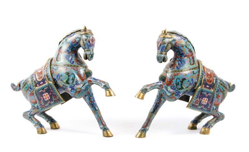 Pair, Large Mirrored Chinese Blue Cloisonne Horses (1 of 10)