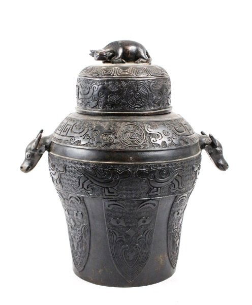 Large Chinese Bronze Lidded Urn with Oxen, Marked (1 of 10)