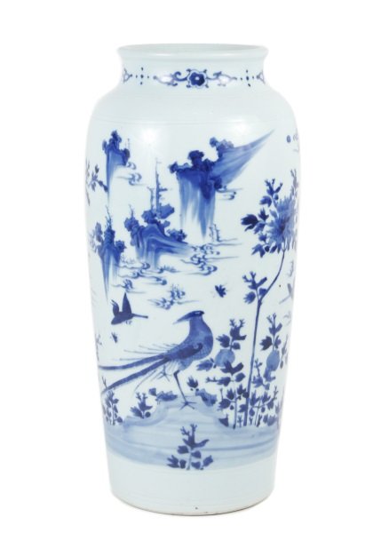 Chinese Ming Dynasty Sleeve Vase with Phoenixes: Chinese, likely Ming Dynasty (1368-1644). A porcelain sleeve vase with cobalt blue underglaze decoration on white ground depicting phoenixes flying on tondo to body in a landscape with flowering branc