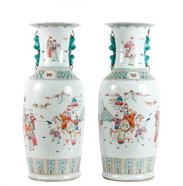 Pair 19th C. Large Famille Rose Figural Lobed Urns (1 of 10)