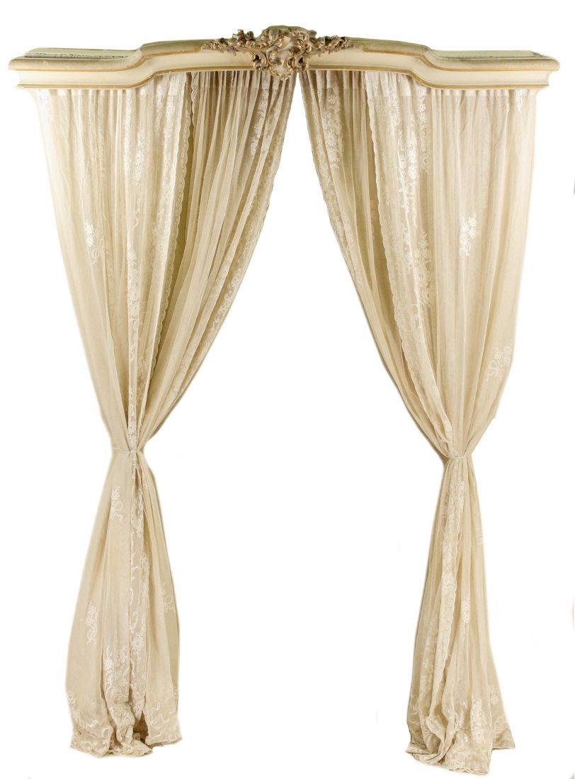 French Cream Painted & Parcel Gilt Cornice Canopy: French, (circa late 19th / early 20th century). A decorative canopy cornice comprising a cream painted wooden cornice with parcel gilt decoration and central carved and parcel gilt rocaille shell flan