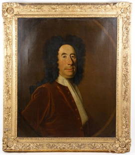 Circle of Wm. Aikman, "Portrait of Stately Man": CIrcle of William Aikman (Scottish, 1682-1731). "Portrait of Stately Man with Black Hair", oil on canvas, apparently unsigned. Early to mid 18th century formal portrait painting depicting a distinguis