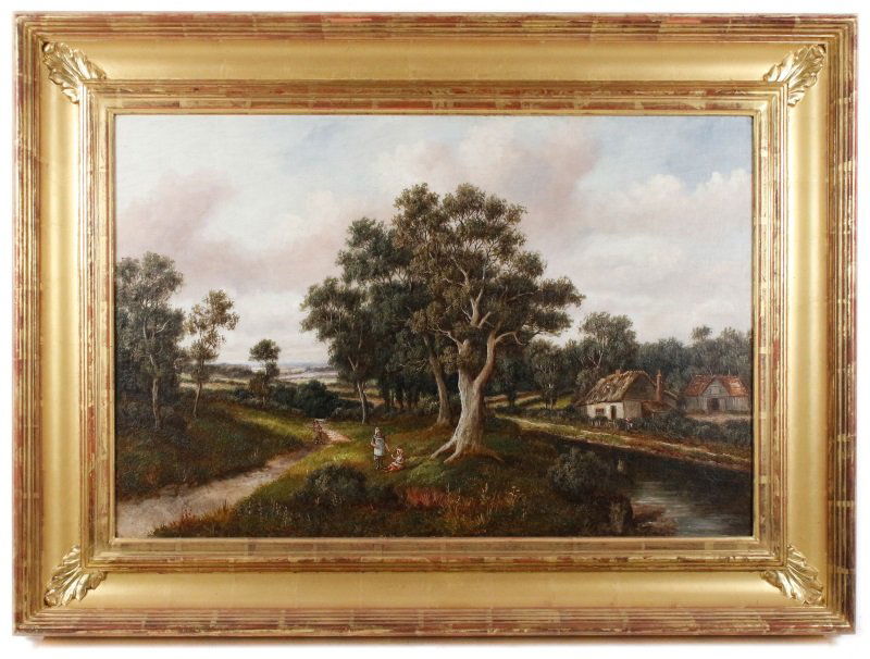 19th C. Oil, English Village Landscape w/ Figures (1 of 9)