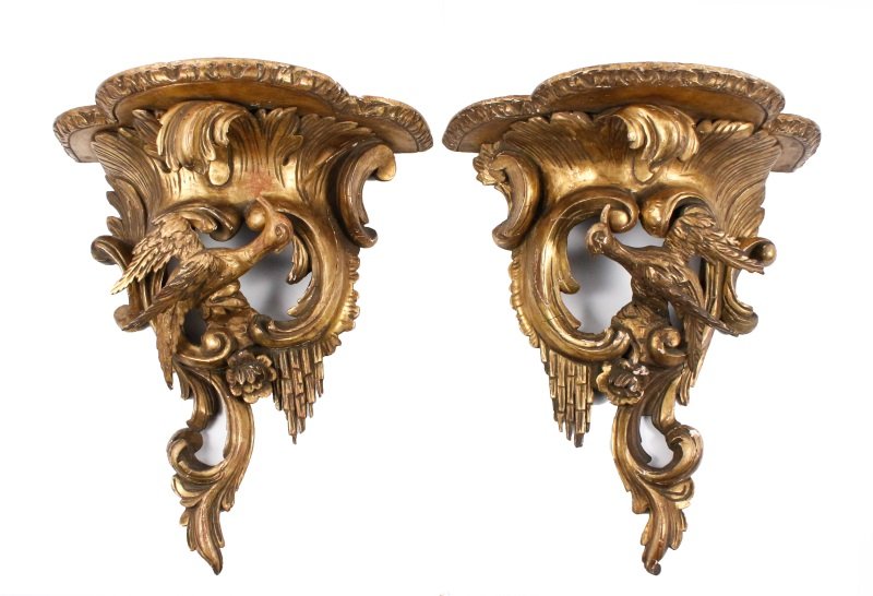 Pair of 19th C. Carved Giltwood Brackets w/ Birds (1 of 9)