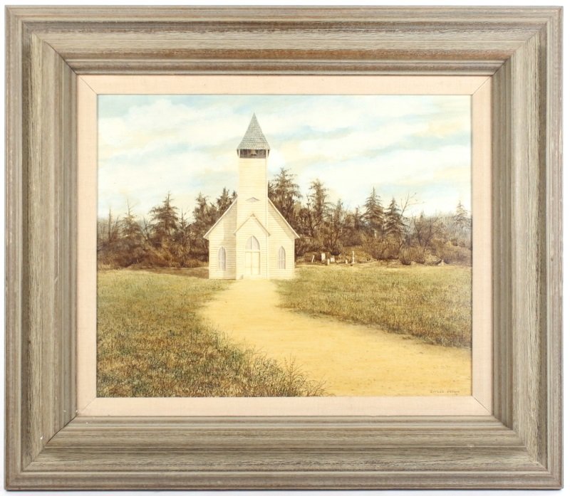Butler Brown, Oil on Masonite, Country Church: Butler Brown (American (Macon, Georgia), b.1937). "Country Church"-1973, oil on masonite, signed and dated lower right. Skillfully rendered painting depicting a Southern American white wooden church a