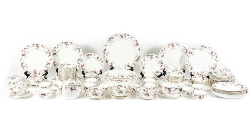101 Piece English Minton "Ancestral" China Set: England, circa 1951 - 1991. Large 101 piece Minton bone china set in the Ancestral pattern (S376), floral pattern on white with swirl rim and gold trim comprising of the following pieces: 12 dinner pl