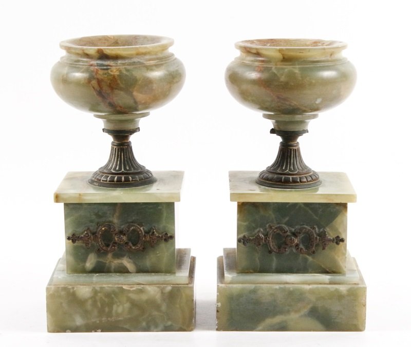 Pair of Green Oynx Tazza w/Metal Mounts, 20th C.: Early 20th century. Pair of matching green onyx tazze (possibly originally part of garniture set), each with rounded bowl at top above patinated metal flared stem with elongated gadrooned accents on a