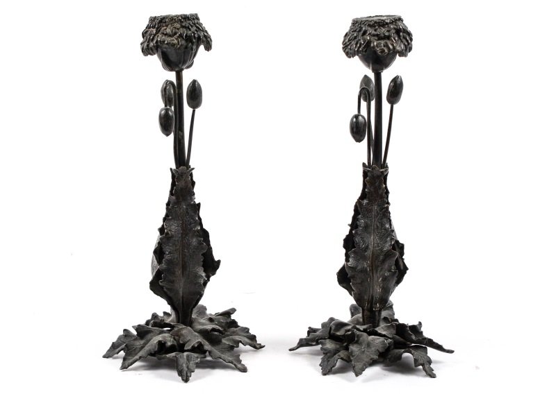 Pair of Early 20th C. Bronze Candles, Flower Stems (1 of 9)