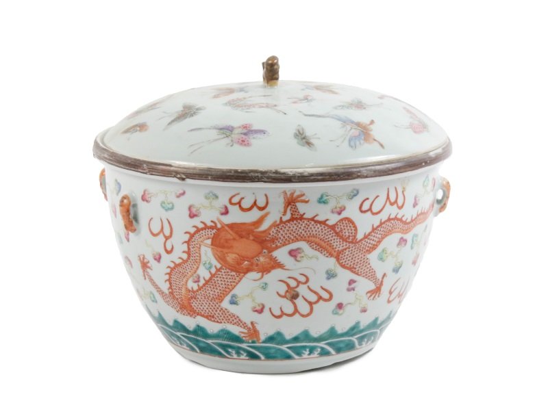 Chinese Porcelain Cooler, Dragons & Butterflies: Chinese, 19th/ 20th century. A porcelain fruit cooler, possibly of married parts, of round bowl form with insert and round lid, the body with five clawed flying dragons on tondo to body over waves and