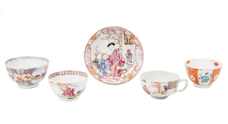 Group of Five Chinese Famille Rose Tea Cups & Dish (1 of 10)