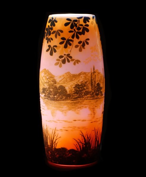 deVez Cameo Art Glass Vase w/ Landscape, 10" (1 of 10)