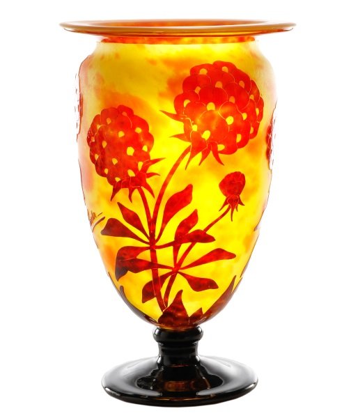 Le Verre Francaise Charder Cameo Vase, 14": Le Verre Francais (Schneider Glassworks), (French (Epinay-sur-Seine), 1918-1933). A large and impressive cameo art glass vase or urn from the Charder series with tapering vasiform shape under flaring