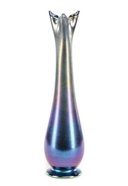 L.C. Tiffany 4-Stem Blue Favrile Glass Vase: Louis Comfort Tiffany (American, 1848-1933), early 20th century. A Tiffany Studios iridescent blue favrile art glass vase of elongated baluster form with folded glass at mouth forming four stem chambe
