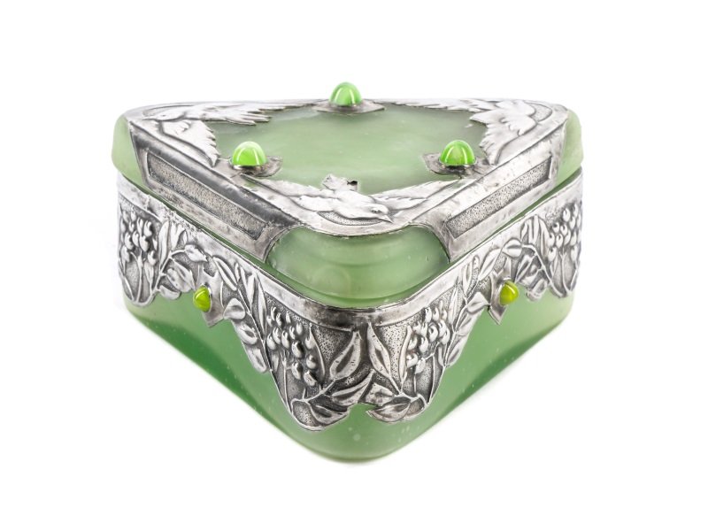 Green Satin Glass Triangular Box w/Sterling Mounts (1 of 9)