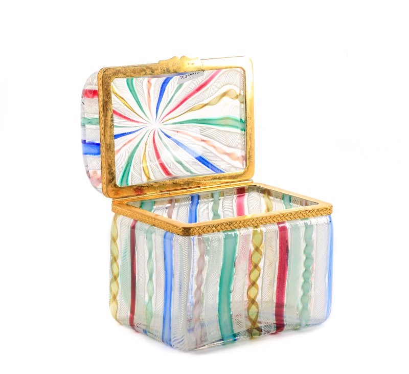Venetian Latticino Art Glass Box with Brass Trim: Murano (Italian (Venetian), 20th century). A petite glass box or casket decorated with multicolored glass ribbons in shades of cranberry, indigo, gold, rose, and mint punctuated by white lattice desig