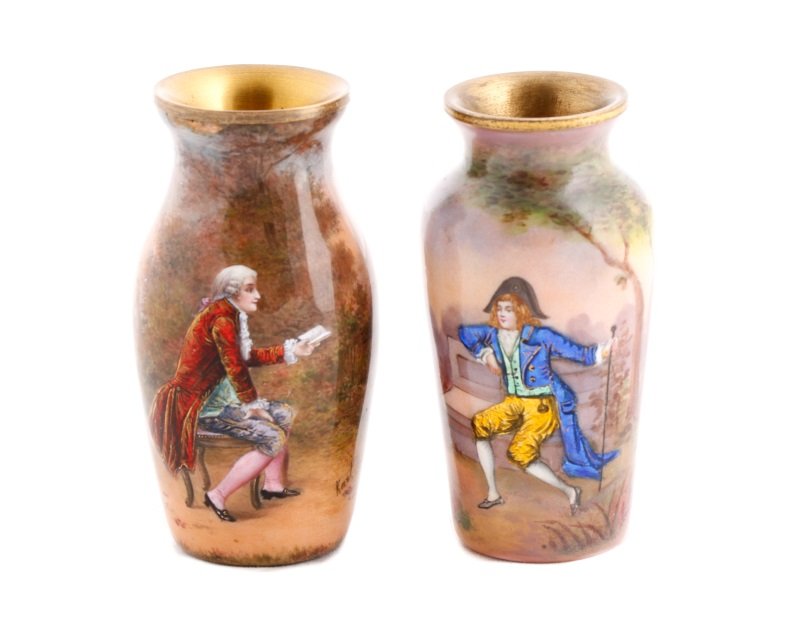 Two French Enamel Cabinet Vases w/ Courtly Men (1 of 9)