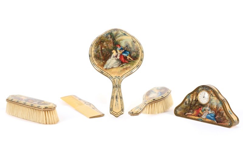 French Hand Painted 5 Piece Vanity Set w/ Clock (1 of 10)