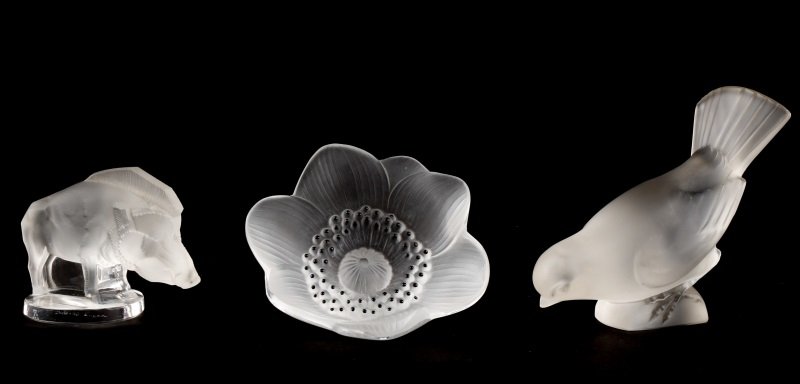 Three Lalique Art Glass Items--Flower, Bird, Hog (1 of 10)