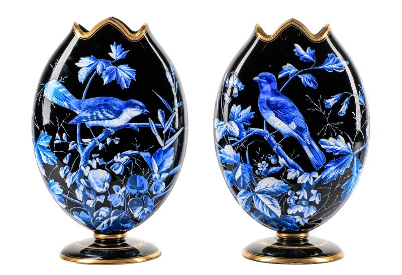 Pair of Large Basalt Glass Vases w/Enameled Bird (1 of 10)