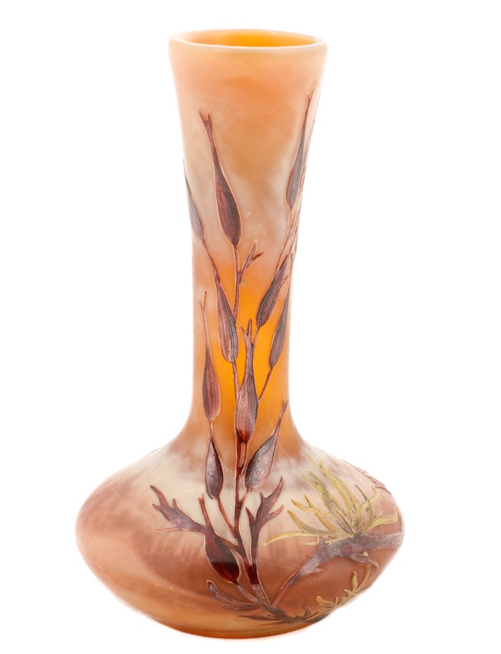 French Legras Cameo Glass Stick Vase, Signed: Auguste Legras (French, 1864-1920), circa 1910. Lovely Legras cameo glass vase in butterscotch and amber with an overlay of brown/purple and green glass cut back and decorated with seaweed and aquatic