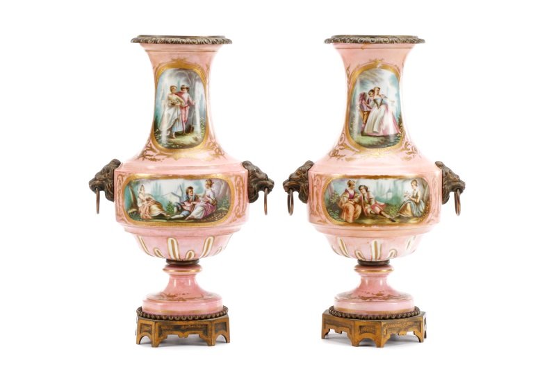 Pair of Pink Sevres Style Figural Vases, 19th C. (1 of 10)