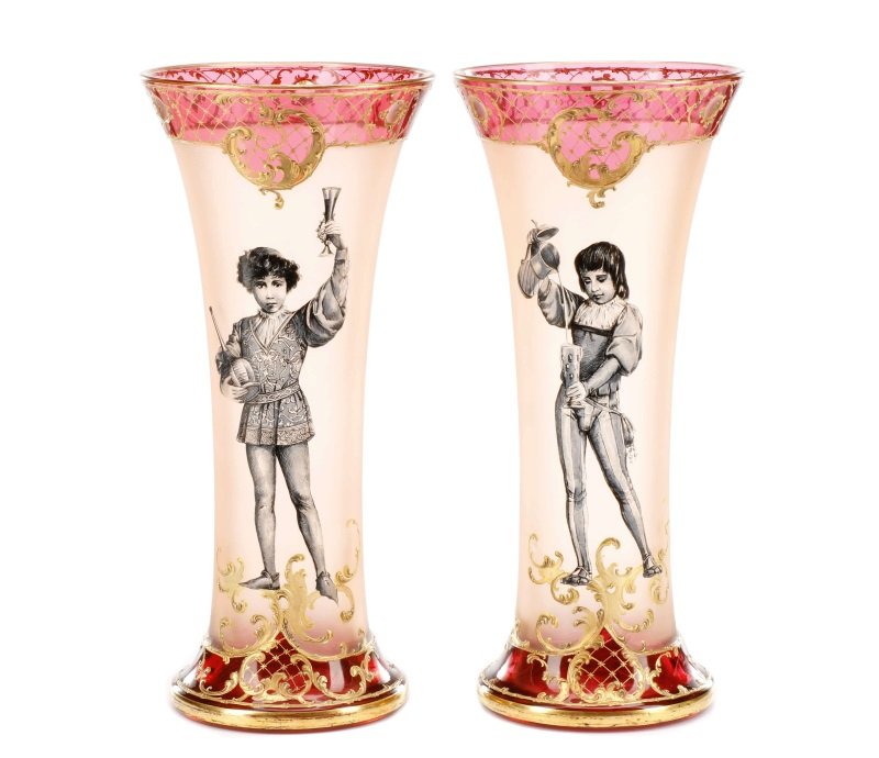 Pair of Bohemian Cranberry Vases w/ Figures (1 of 10)