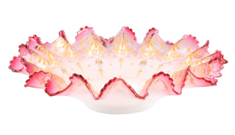 Victorian Art Glass Cranberry Vaseline Brides Bowl: American, late 19th century. Victorian art glass cranberry to opalescent brides bowl, in the manner of Mt. Washington or Thomas Webb, the crimped and ruffled rim fluorescing bright green under ultravi