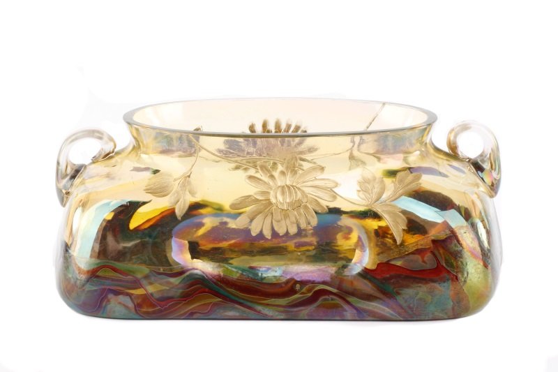 Rare Graf Harrach Enameled & Engraved Handled Bowl: Harrach (Bohemian, founded 1712), circa 1900. Scarce enameled and engraved handled bowl or jardiniere with gilt enamel art nouveau foliage, pinched front and back, applied handles and Jaspis or marble
