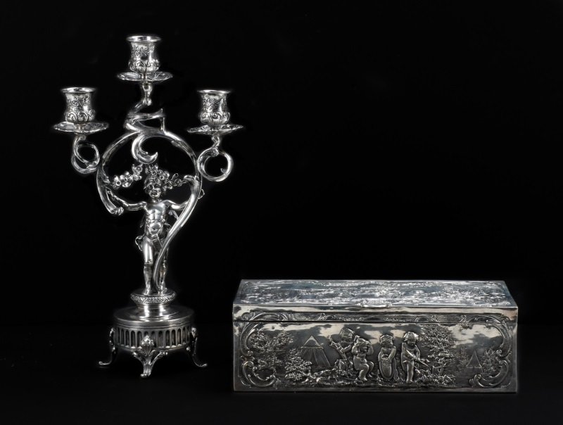Two Silverplate Articles: Candelabra & Dresser Box (1 of 8)