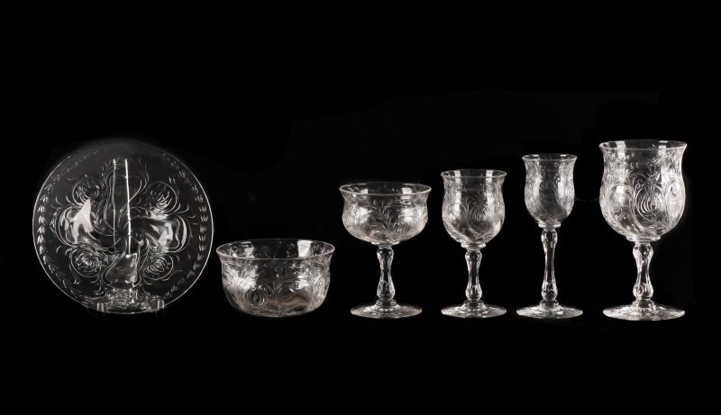 Rock Crystal Wheel Engraved Luncheon Set, 68 pcs: Manner of Thomas Webb & Sons (English, 1837-1990), early 20th century. Sixty-Eight piece rock crystal hand blown and wheel engraved luncheon set comprising of 11 sherbets, 12 finger bowls, 11 underpla