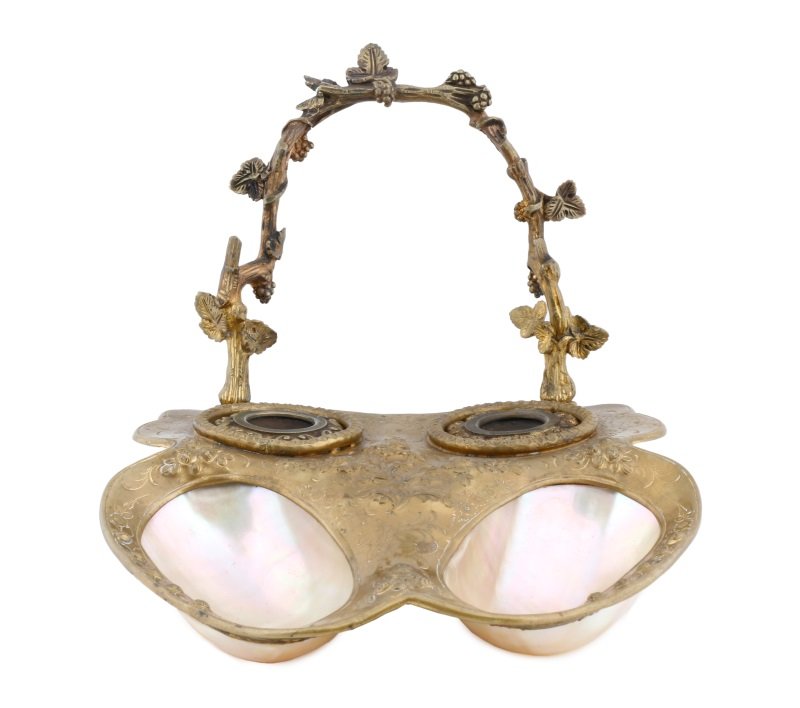 French Gilt Bronze & Mother of Pearl Desk Set: French, Late 19th/Early 20th century. Dore bronze and mother of pearl desk set of shaped form with rounded faux bois grape vine, leaf and cluster form handle at back in front of two removable inkwells