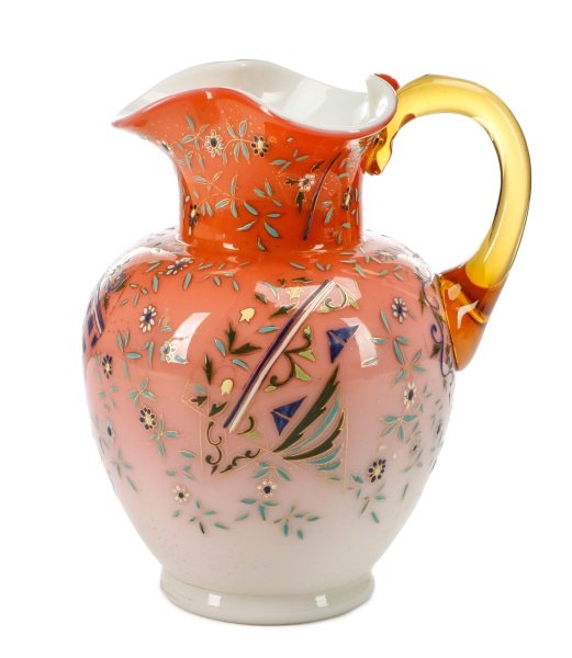Thomas Webb & Sons Decorated Peachblow Pitcher: Thomas Webb & Sons (English, 1837-1990), circa 1890. Webb & Sons cased peachblow pitcher with triform mouth and applied amber glass handle, the body decorated all over with gilt and colorful enameled