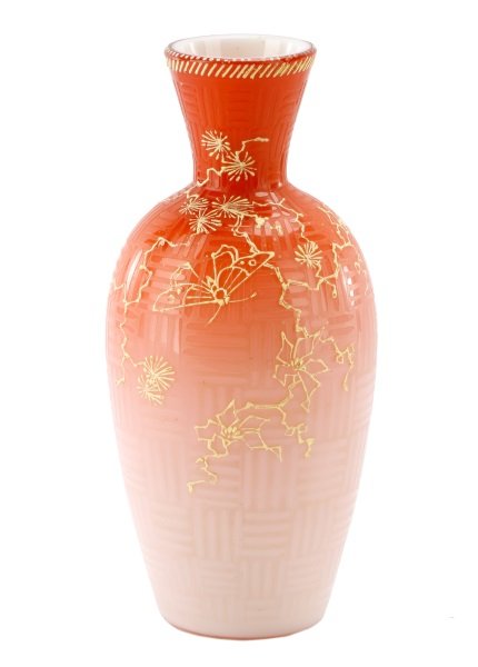 Webb Cased & Cameo Textured Peachblow Vase: Thomas Webb & Sons (English, 1837-1990), circa 1885. Cased and acid cut textured glass peachblow vase with decoration attributed to Jule Barbe in the Japanese taste with trailing prunus branch with a