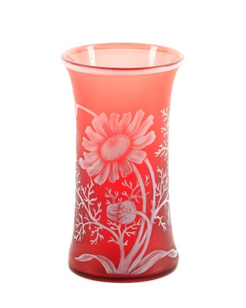 Thomas Webb, English Cameo Glass Vase, 19th C.: Thomas Webb & Sons (English, 1837-1990), 19th century. A cameo enamel art glass vase with white flowers and leaves cut to rust or cranberry on exterior of beaker form vase with flared white rim. Unmar