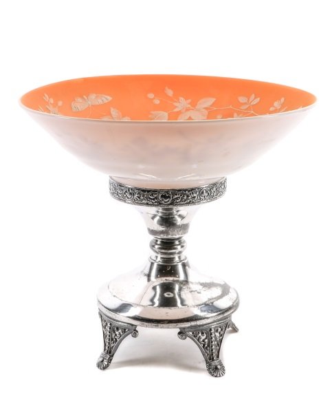 Thomas Webb Florentine Cameo Glass Brides Bowl: Thomas Webb & Sons (English, 1837-1990), circa 1890. An art glass brides bowl or fruit bowl on stand, with matte finish to the interior and decorated with butterflies and leafy foliage in white cameo