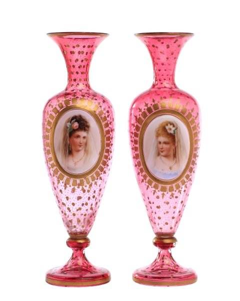 Pair of Cranberry Glass Vases w/ Cameo Portraits (1 of 10)