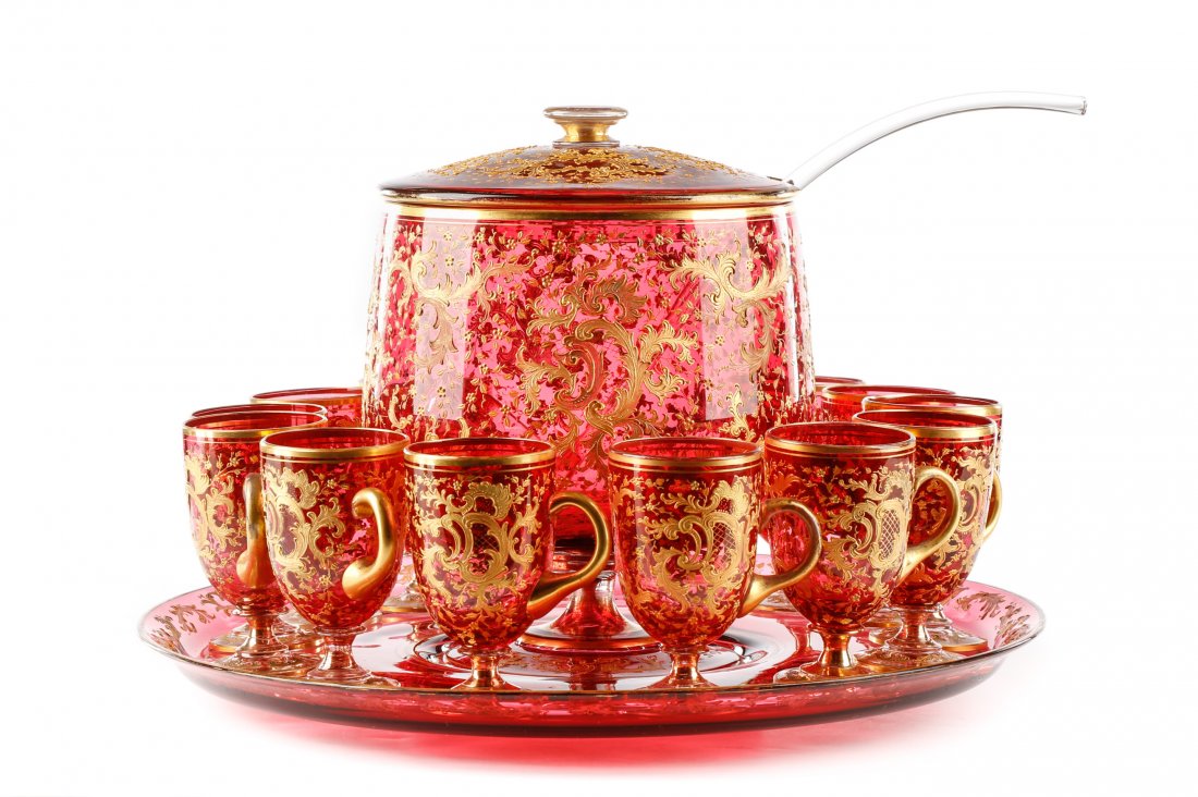 Moser Cranberry Glass Punch Bowl Set, 15 Pcs