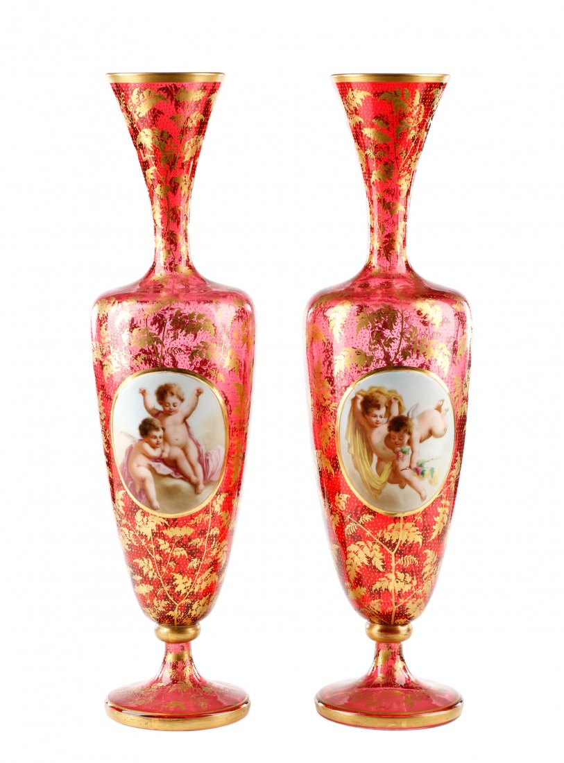 Palatial Pair of Cranberry Glass Vases, Signed (1 of 10)