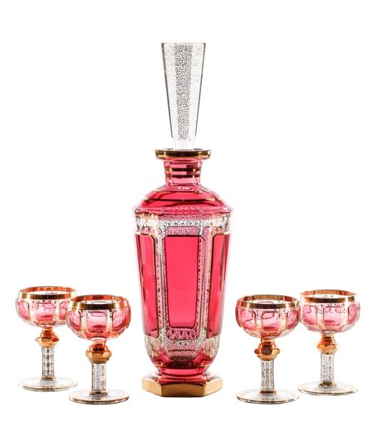 Moser Cranberry Glass Decanter Set w/ Four Glasses (1 of 7)
