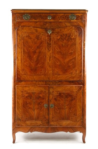 French Inlaid Secrétaire à Abattant: French, 19th century. French walnut and burl walnut inlaid Secrétaire à Abattant, with molded cornice over a frieze drawer inlaid with interlocking medallions enclosing flowerheads over a shaped fal