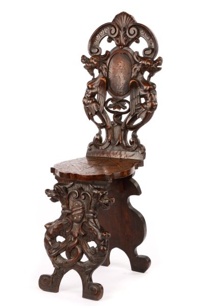 Continental 19th C. Carved Walnut Hall Chair (1 of 10)