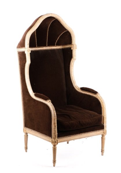 Canopied Bergere w/ Chocolate Velvet Upholstery: 20th century to contemporary. Pair of Louis XV style canopied bergeres, guerites, or sentry canopy chairs, also known as Porter's, monks or conversation chairs, with exposed tan painted slightly distr