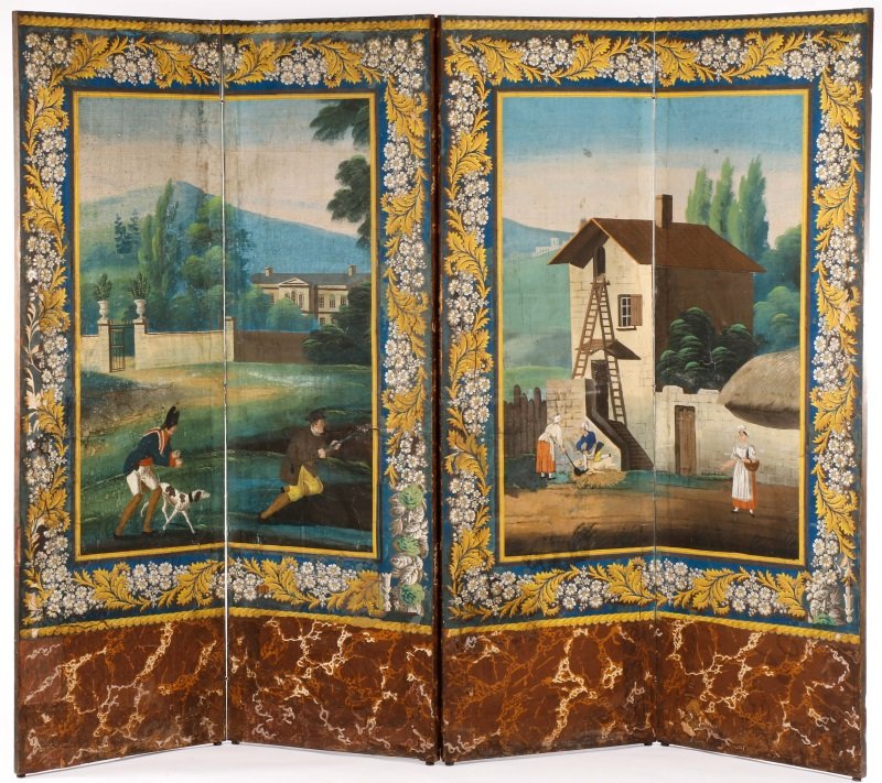Painted Wallpapered 4 Panel Screen, 19th C. (1 of 10)