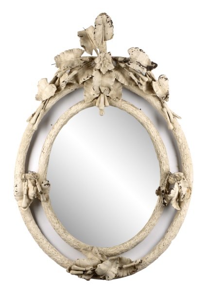 Cream Distressed Oval Mirror w/ Carved Leaves (1 of 6)