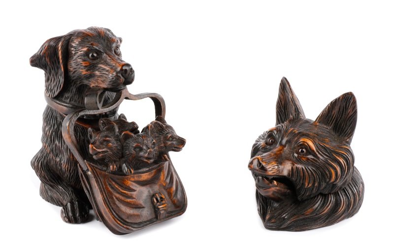 Group of 2 Black Forest Carved Dog Motif Inkwells (1 of 10)