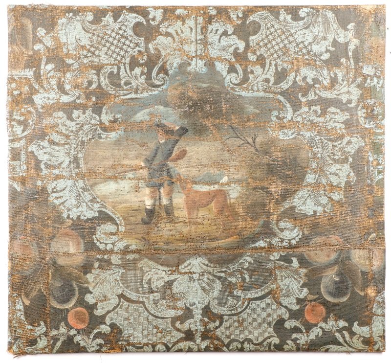 Continental School, "Hunter with Dog", O/C: Continental School, Early 19th century. "Hunter with Dog", oil on canvas relined and laid on board, unsigned. Figural painting, likely a fragment from a larger work, depicting a shaped medallion with 