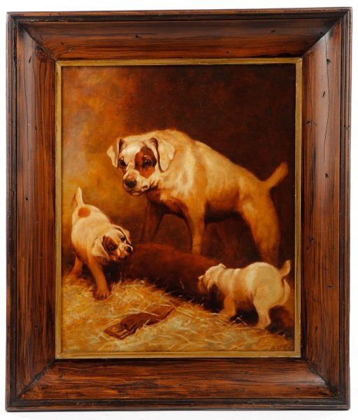 "Puppies at Play", Signed D. Giles Oil on Canvas (1 of 8)