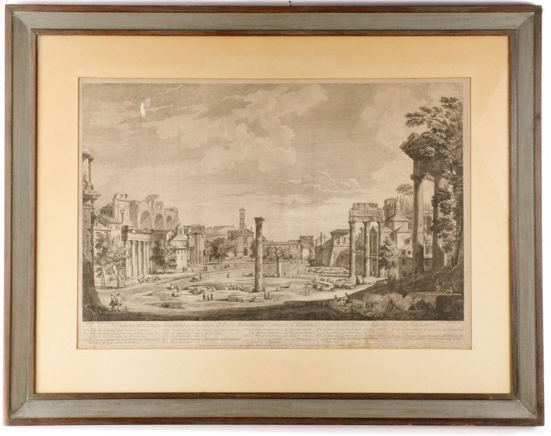 Joannes Volpato 18th C., Veduta di Campo Vaccino: Joannes Giovanni Volpato (Italian, 18th century) after Francesco Panini (Italian, 1735-1803), "Veduta di Campo Vaccino"-1773, etching and engraving on paper, noted with "F. Panini delin." lower left a