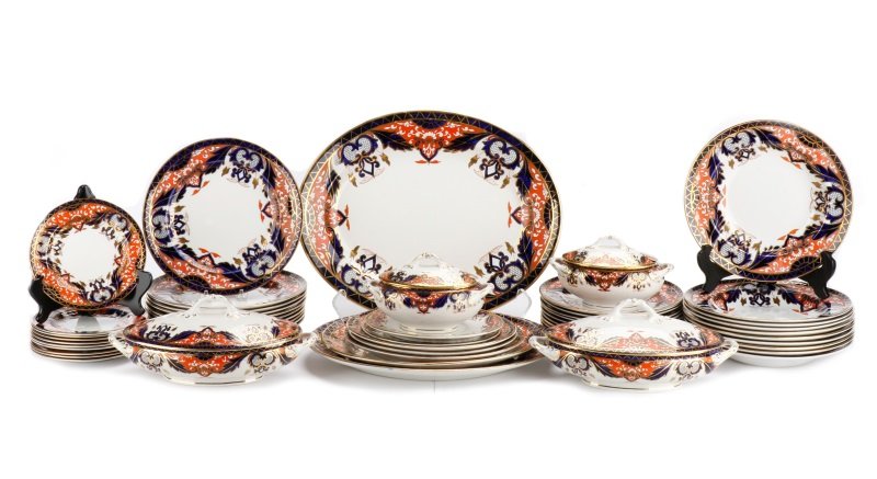 English Imari Ironstone Service for 10 + Serveware: Maple & Company Ltd. (English, 1841-1997, flourished 1880-1939), circa early 19th century. Service for 10, a 56 piece set of Imari palette ironstone china comprising of 10 four-piece place settings pl