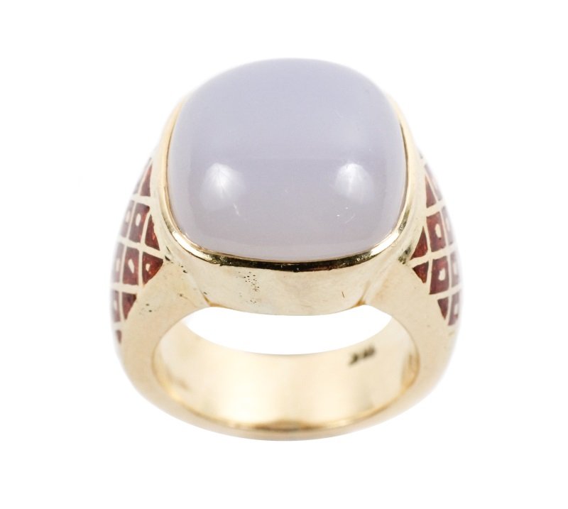 Ladies 18k Gold, Enamel & Chalcedony Ring (1 of 6)